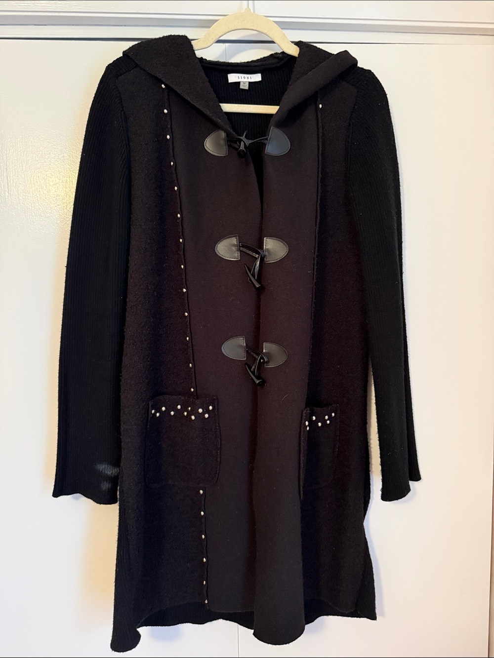 Sioni Black Hooded Toggle Pea Coat with Stud Accents
